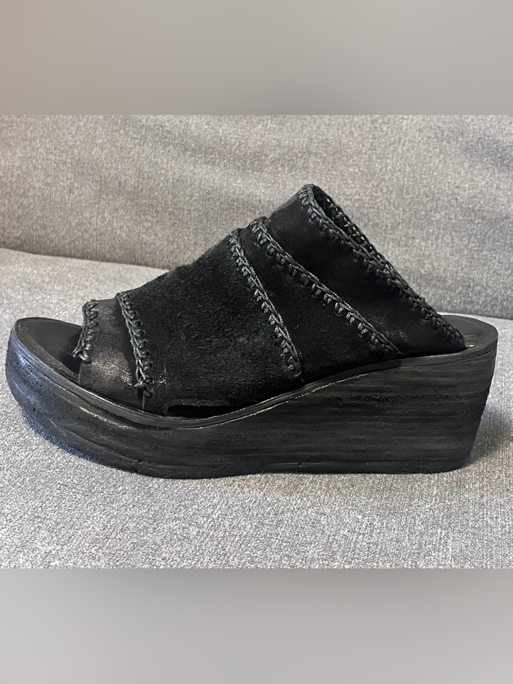 A.S.98 Nelson Shoes Womens Sz 40 9/9.5US Black Suede Slide Wedge Platform Sandal